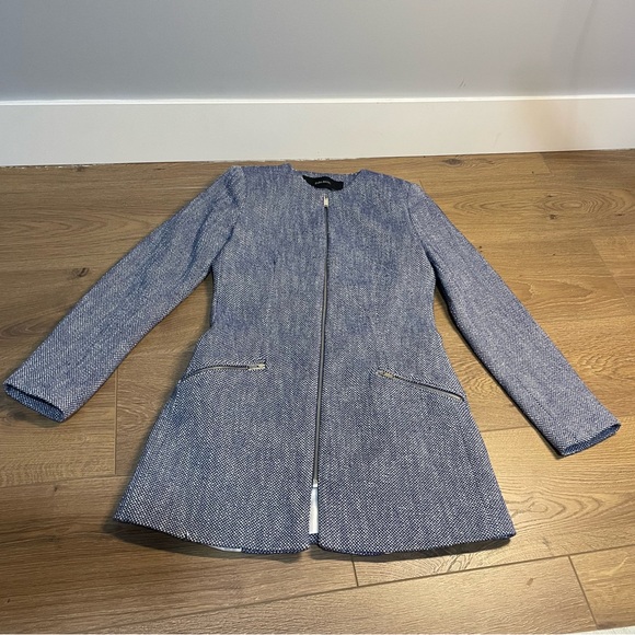 Zara Blue Tweed Frock Coat Kind Jacket Blazer With Zips Size S Blue White - Picture 3 of 10